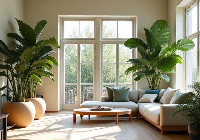 Stilfuldt nordisk interiør med store grønne planter