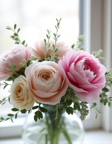 Romantisk buket med roser og pæoner